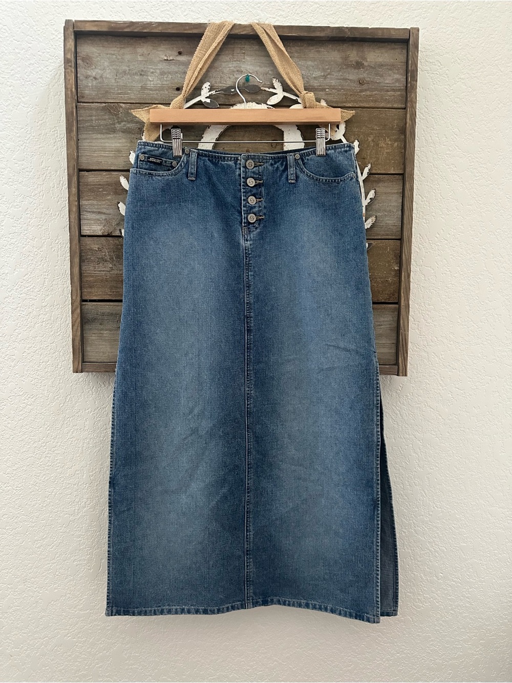 VTG Squeeze Y2K low waist stretch‎ denim maxi skirt size 11/12